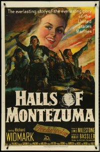 4j0976 HALLS OF MONTEZUMA 1sh 1951 Richard Widmark, art of WWII U.S. Marines charging into battle!