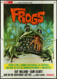 4j0097 FROGS Italian 2p 1972 Sciotti art of man-eating amphibian with human hand hanging from mouth!