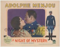 4j0792 NIGHT OF MYSTERY LC 1928 romantic c/u of uniformed Adolphe Menjou & Nora Lane, very rare!