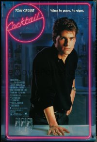 4k0745 COCKTAIL 1sh 1988 Shue, Brown, sexy bartender Tom Cruise close up w/shotglasses!