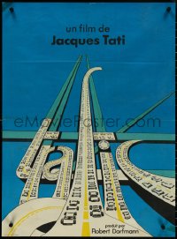 4k0436 TRAFFIC French 23x31 1971 Jacques Tati as Mr. Hulot, art of title as congested highways!