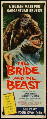 4k0238 BRIDE & THE BEAST insert 1958 Ed Wood classic, great art of huge ape holding sexy girl!