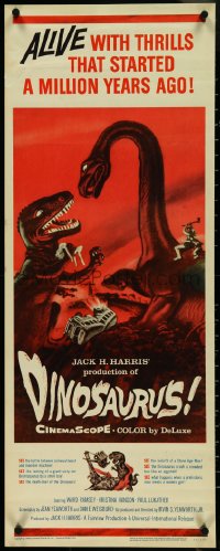 4k0248 DINOSAURUS insert 1960 great artwork of battling prehistoric T-rex & brontosaurus monsters!