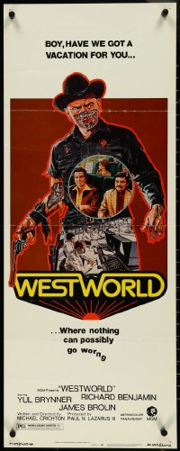 4k0292 WESTWORLD insert 1973 Michael Crichton, cool artwork of cyborg Yul Brynner by Neal Adams!