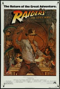 4k0894 RAIDERS OF THE LOST ARK 1sh R1982 great Richard Amsel art of adventurer Harrison Ford!