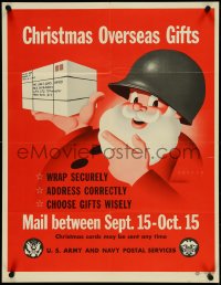 4k0127 CHRISTMAS OVERSEAS GIFTS 21x27 WWII war poster 1945 art of Santa w/ Army helmet giving tips!