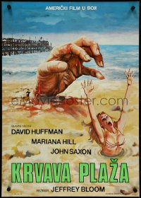 4k0218 BLOOD BEACH Yugoslavian 19x27 1980 huge hand & sexy girl in bikini sinking in quicksand!