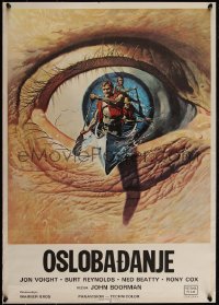 4k0221 DELIVERANCE Yugoslavian 20x28 1972 art of Voight, Reynolds & Beatty canoeing thru eye!