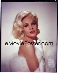 4m0176 CARROLL BAKER 8x10 transparency 1965 sexy portrait wearing fur, pearls & diamonds, Harlow!