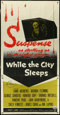 4p0159 WHILE THE CITY SLEEPS 3sh 1956 terrified Lipstick Killer's victim, Fritz Lang noir!