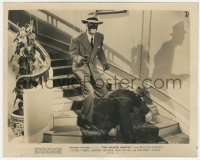 4p1313 MASKED MARVEL 8x10 still 1943 great image of masked hero on stairs with gun, Republic serial!