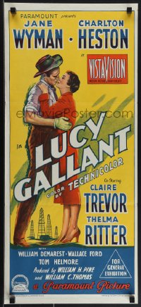 4p0338 LUCY GALLANT Aust daybill 1955 Richardson Studio art of Wyman kissing Heston, ultra rare!