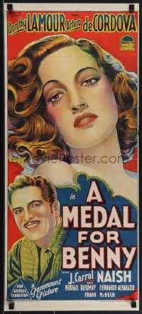 4p0341 MEDAL FOR BENNY Aust daybill 1945 Richardson Studio art of sexy Dorothy Lamour, ultra rare!