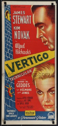 4p0365 VERTIGO Aust daybill 1958 Richardson Studio art of Stewart & Novak, Hitchcock!