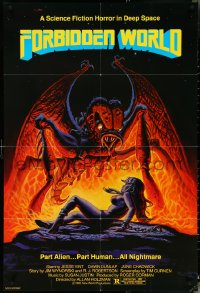 4p0734 FORBIDDEN WORLD 1sh 1982 Roger Corman, cool sci-fi art of giant monster attacking sexy girl!