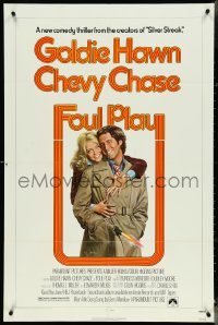 4p0736 FOUL PLAY 1sh 1978 wacky Lettick art of Goldie Hawn & Chevy Chase, screwball comedy!