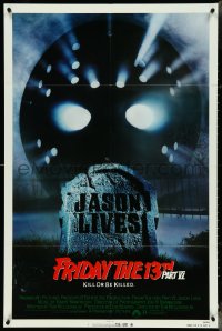 4p0740 FRIDAY THE 13th PART VI 1sh 1986 Jason Lives, cool image of hockey mask over tombstone!