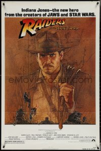 4p0875 RAIDERS OF THE LOST ARK 1sh 1981 Steven Spielberg, great Richard Amsel art of Harrison Ford!