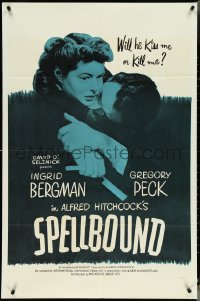 4p0914 SPELLBOUND 1sh R1960s different art of Gregory Peck & Ingrid Bergman, Hitchcock!