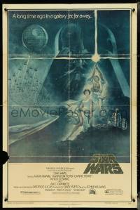 4p0917 STAR WARS style A second printing 1sh 1977 A New Hope, Tom Jung art of Darth Vader over Luke & Leia!