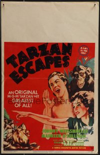 4p0108 TARZAN ESCAPES WC R1954 cool art of Johnny Weissmuller, Maureen O'Sullivan & Cheeta!