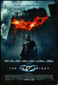 4r0730 DARK KNIGHT advance DS 1sh 2008 Christian Bale as Batman in front of burning bat symbol!