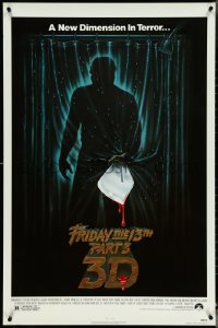 4r0765 FRIDAY THE 13th PART 3 - 3D 1sh 1982 slasher sequel, art of Jason stabbing through shower!