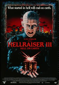 4r0127 HELLRAISER III: HELL ON EARTH 27x39 video poster 1992 Clive Barker, Pinhead holding cube!