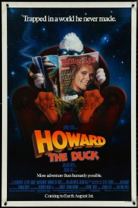 4r0796 HOWARD THE DUCK advance 1sh 1986 George Lucas, art of him reading magazine w/Lea Thompson!