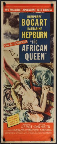 4r0447 AFRICAN QUEEN insert 1952 wonderful artwork of Humphrey Bogart rescuing Katharine Hepburn!