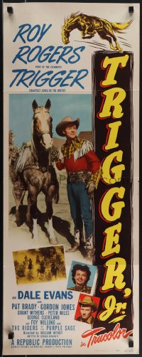 4r0514 TRIGGER JR. insert 1950 Dale Evans, smiling Roy Rogers in fancy duds with Trigger, very rare!