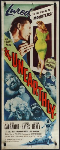 4r0516 UNEARTHLY insert 1957 John Carradine & sexy Sally Todd lured to the house of monsters!