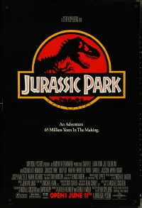 4r0818 JURASSIC PARK advance DS 1sh 1993 Steven Spielberg, classic logo with T-Rex over red background