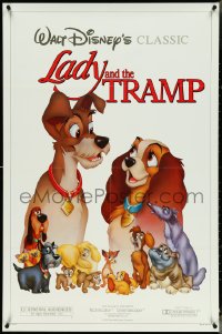 4r0827 LADY & THE TRAMP 1sh R1986 Walt Disney romantic canine dog classic cartoon, great cast image!