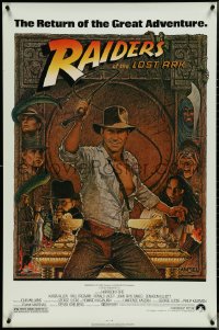 4r0891 RAIDERS OF THE LOST ARK 1sh R1980s great Richard Amsel art of adventurer Harrison Ford!