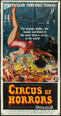 4t0244 CIRCUS OF HORRORS 3sh 1960 outrageous horror art of trapeze girl hanging by her neck!