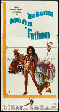 4t0246 FATHOM 3sh 1967 montage art of sexy Raquel Welch in scuba gear & various action scenes!