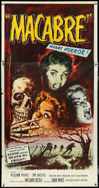 4t0253 MACABRE 3sh 1958 William Castle, Besser art of skeleton & screaming girls in graveyard, rare!