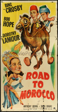 4t0256 ROAD TO MOROCCO signed 3sh 1942 by Dorothy Lamour, art with Hope & Crosby on camel, rare!