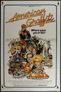 4t0964 AMERICAN GRAFFITI 1sh 1973 George Lucas teen classic, Mort Drucker montage art of cast!