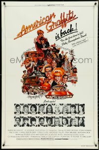 4t0963 AMERICAN GRAFFITI 1sh R1978 George Lucas, great wacky Mort Drucker artwork of cast & images!