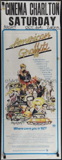 4t0444 AMERICAN GRAFFITI Aust daybill 1974 George Lucas, wacky Mort Drucker far away art of cast!