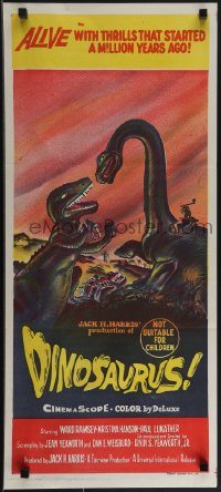 4t0461 DINOSAURUS Aust daybill 1960 great art of battling prehistoric T-rex & brontosaurus monsters!