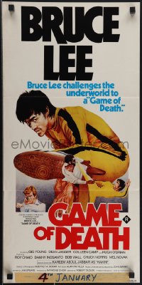 4t0473 GAME OF DEATH 2nd printing Aust daybill 1981 Bruce Lee, cool Yuen Tai-Yung kung fu artwork!