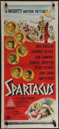 4t0520 SPARTACUS Aust daybill 1961 classic Kubrick & Kirk Douglas epic, cool coin art!