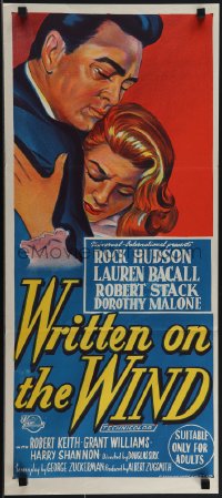 4t0537 WRITTEN ON THE WIND Aust daybill 1957 romantic art of Lauren Bacall & Rock Hudson!