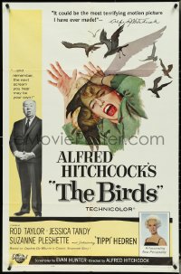 4t0986 BIRDS 1sh 1963 director Alfred Hitchcock shown, Tippi Hedren, classic intense attack art!