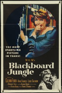 4t0989 BLACKBOARD JUNGLE 1sh 1955 Richard Brooks classic, art of terrified Margaret Hayes!