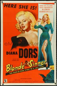 4t0993 BLONDE SINNER 1sh 1956 here is sexy eye-filling gasp-provoking blonde bombshell Diana Dors!