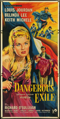 4t0240 DANGEROUS EXILE English 3sh 1958 art of Louis Jourdan & sexy Belinda Lee with smoking gun!